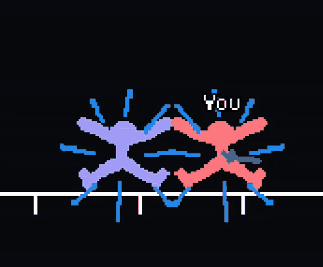 a pixel art of two people fighting with the words " you " in the corner