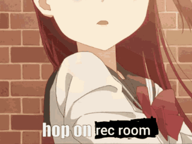 a picture of a girl with the words " hop on rec room " on it