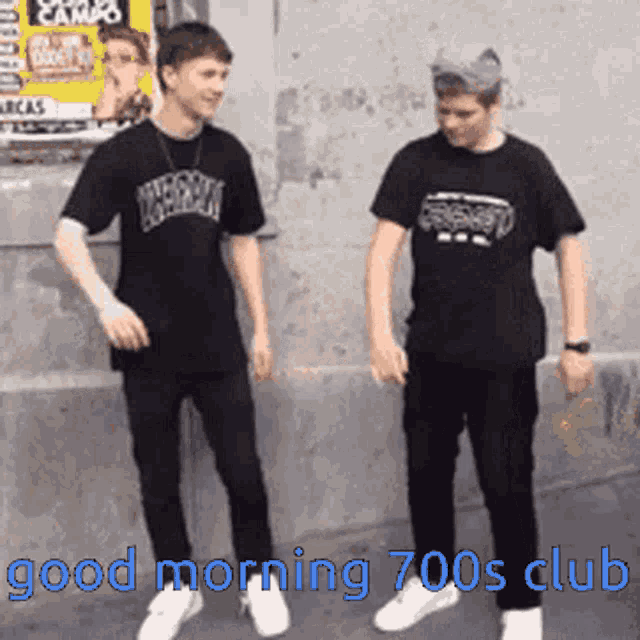 two men standing next to each other with the words " good morning 700s club " written on the bottom