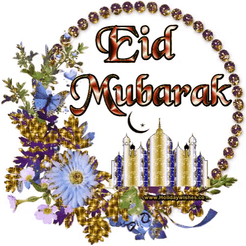 a greeting card that says ' eid mubarak ' in a circle of flowers