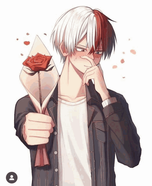 a man with red and white hair is holding a rose in his hand