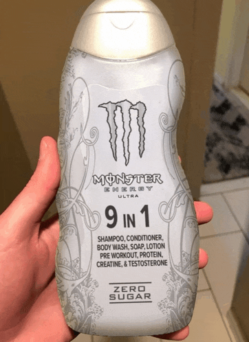 a bottle of monster energy ultra 9 in 1 shampoo conditioner body wash and workout protein contains zero sugar