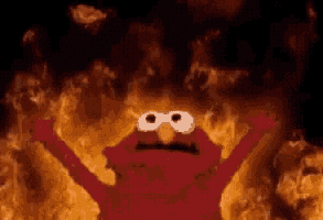 elmo from sesame street is standing in front of a wall of fire .