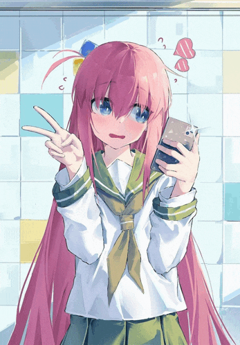 a girl with pink hair is taking a picture of herself with her phone