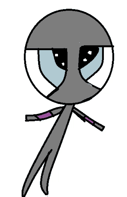 a drawing of a cartoon character with blue eyes and purple arms