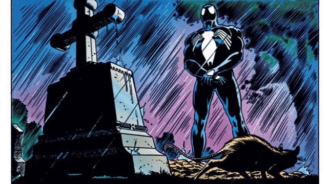 a comic book character in a black suit is standing next to a rat in front of a grave .