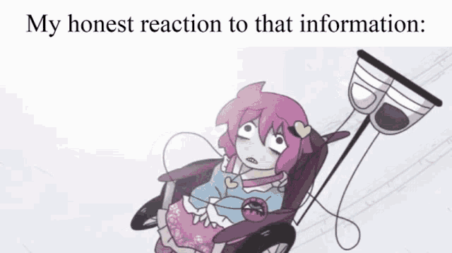 a cartoon of a girl in a wheelchair with the words my honest reaction to that information below her