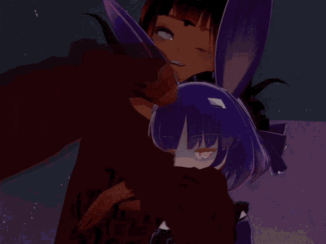 a girl with red hair and a choker is hugging another girl with purple hair and red eyes