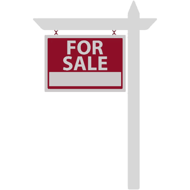 a red for sale sign hanging from a white post