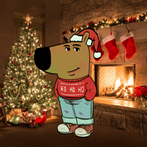 a cartoon bear wearing a ho ho ho sweater stands in front of a christmas tree