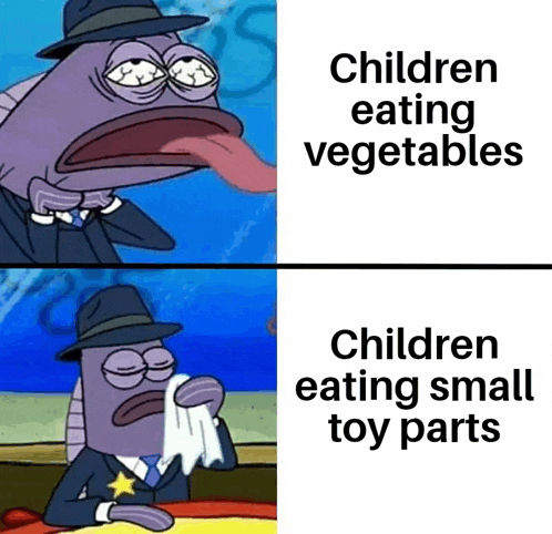 a cartoon of a man with his tongue out and the words children eating vegetables