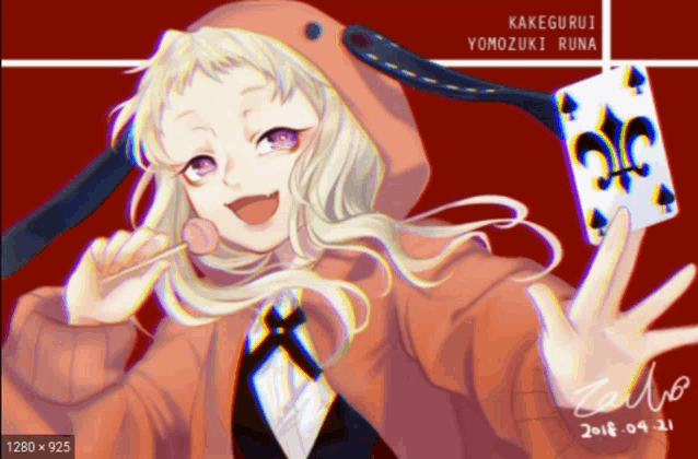 a drawing of kakegurui yomozuki runa with a playing card in her hand