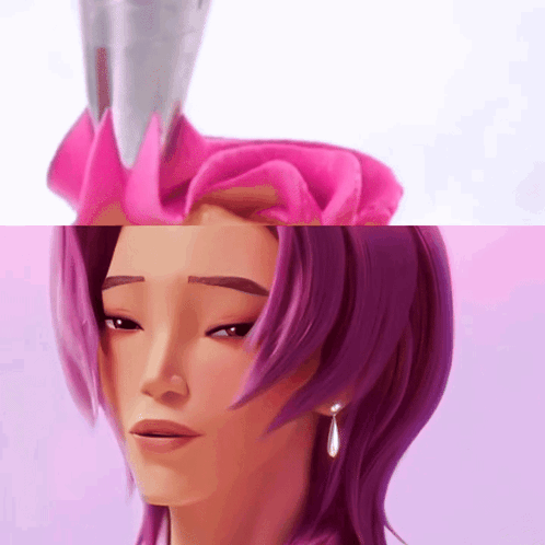 a cartoon character with purple hair and earrings
