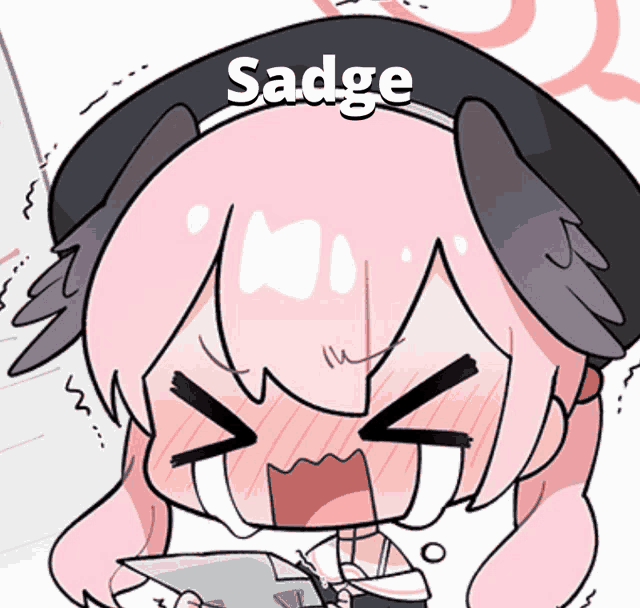 a cartoon drawing of a girl with the word sadge on top