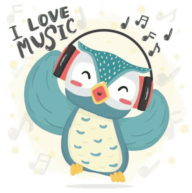 an owl wearing headphones is listening to music .