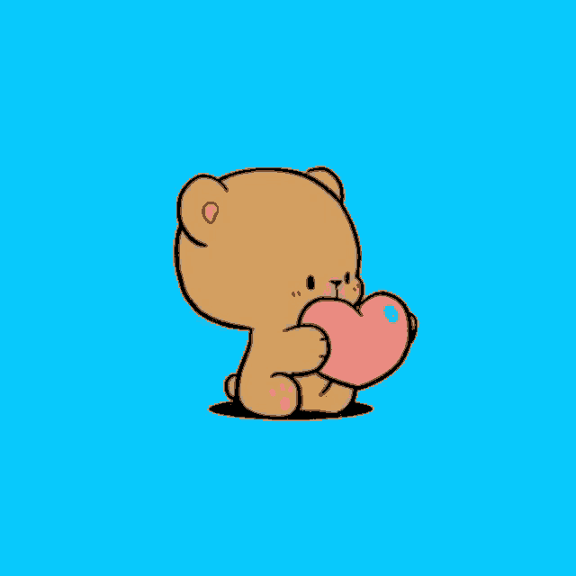 a cartoon teddy bear is holding a pink heart in his mouth .