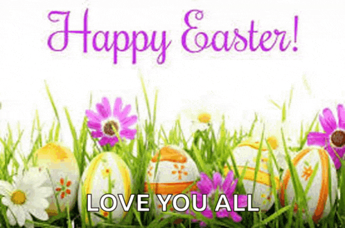 a happy easter card with easter eggs and flowers in the grass