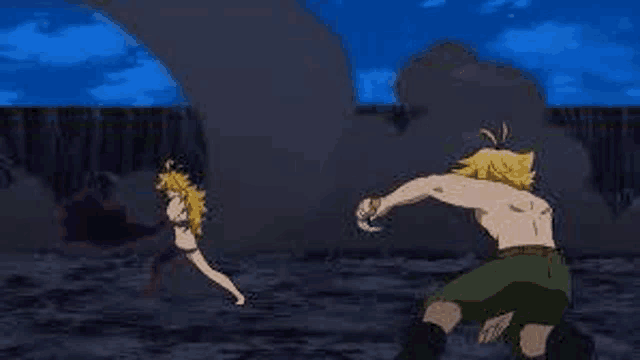 a man and a woman are fighting each other in a battle .