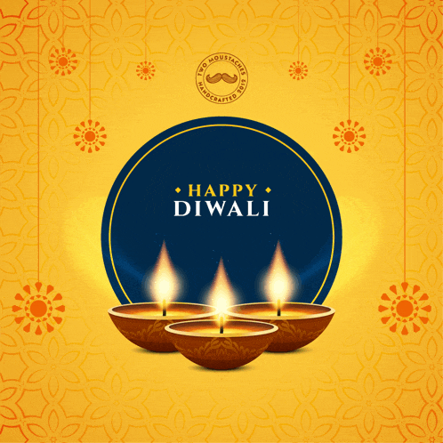 a happy diwali greeting card with three lit candles on a yellow background