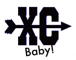 a black logo with the words `` xc baby '' and an arrow pointing to the right .