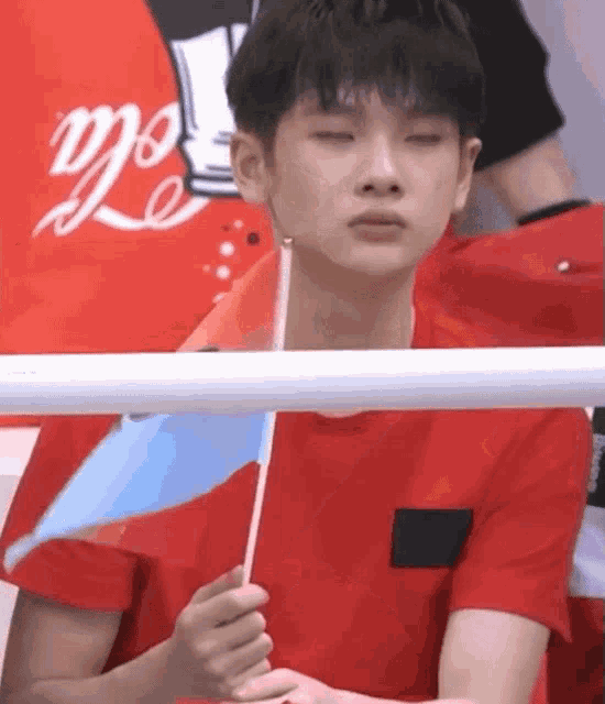 a young man in a red shirt is holding a flag in his hand while sitting in a stadium .