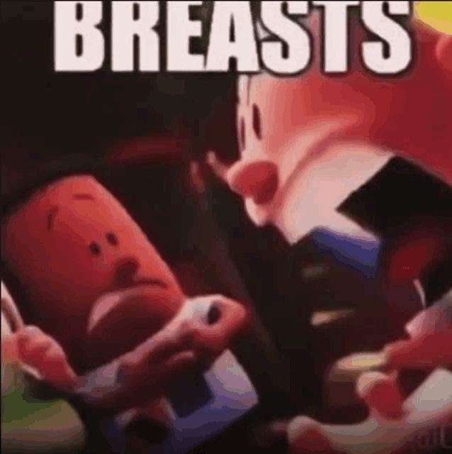 a picture of a cartoon character with the words `` breasts '' written above it .