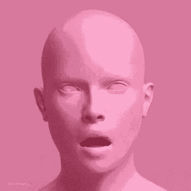 a 3d rendering of a bald man 's face with his mouth open on a pink background .