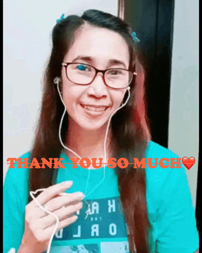 a woman wearing glasses and headphones with the words thank you so much above her