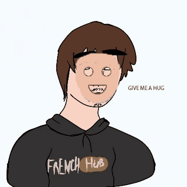 a cartoon of a man wearing a french hub hoodie with a funny face .