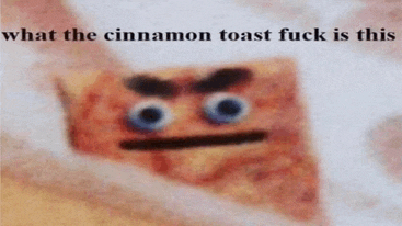 a picture of a cinnamon toast with an angry face and the words what the cinnamon toast fuck is this