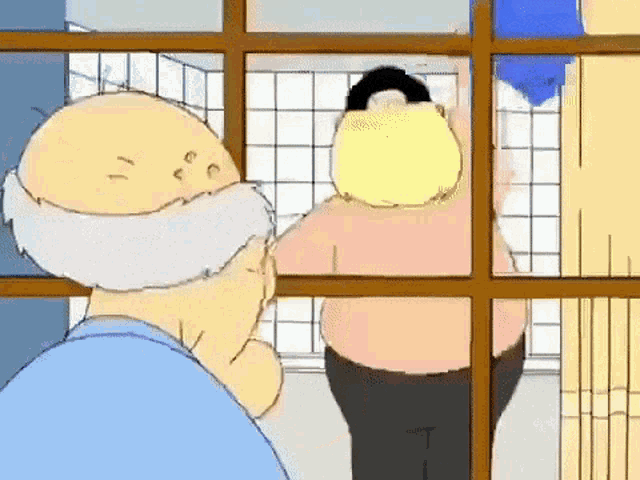 a cartoon of an old man looking out a window