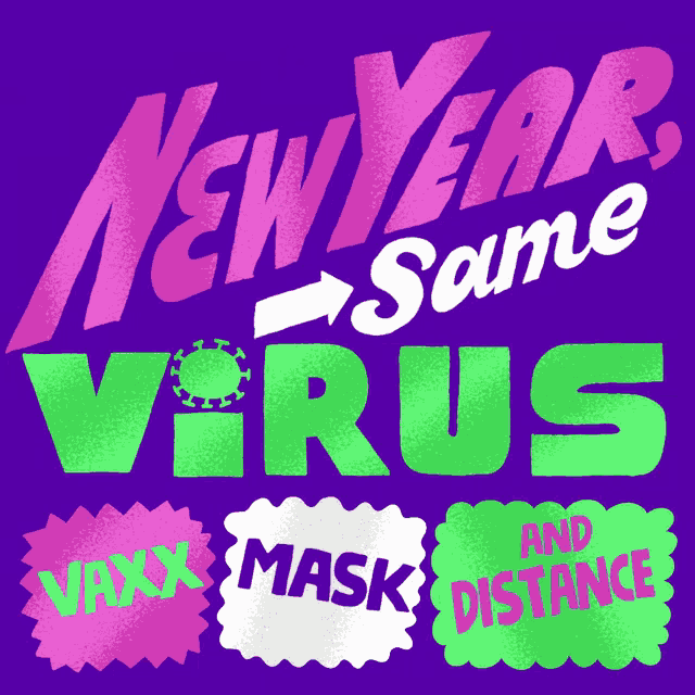 a purple background with the words new year same virus in green letters