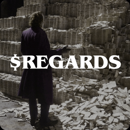 a man in a purple coat stands in front of a pile of money with the words $ regards written on the bottom