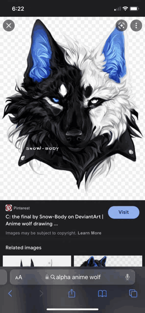 a black and white wolf with blue ears is on a phone screen