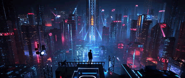 a man stands on top of a building in a futuristic city with a sign that says ' tokyo ' on it