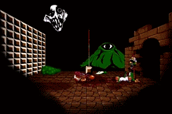 a video game scene with a green monster and a skeleton in the background