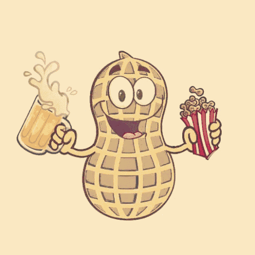 a cartoon peanut is holding a mug of beer and a bucket of popcorn