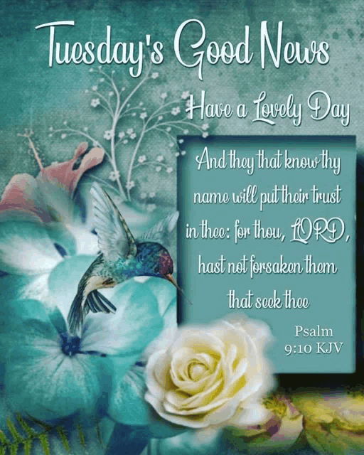 a poster that says tuesday 's good news have a lovely day with flowers and a hummingbird