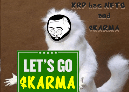 a white furry animal holding a green sign that says let 's go karma