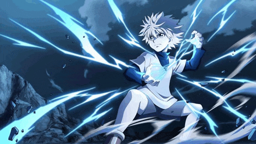 a boy in a white shirt is holding a blue lightning bolt in his hand