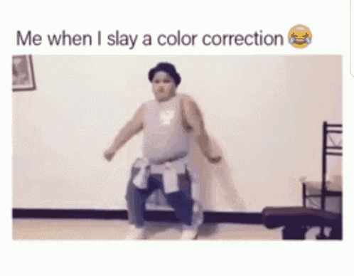 a man is dancing in a room with a caption that says me when i slay a color correction