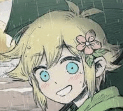 a girl with a flower in her hair is smiling in the rain .