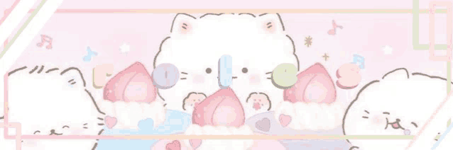 a cartoon illustration of a cat eating a strawberry on a pink background