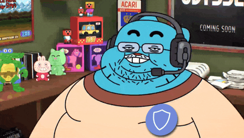 a cartoon character is wearing headphones and a badge with a shield on it
