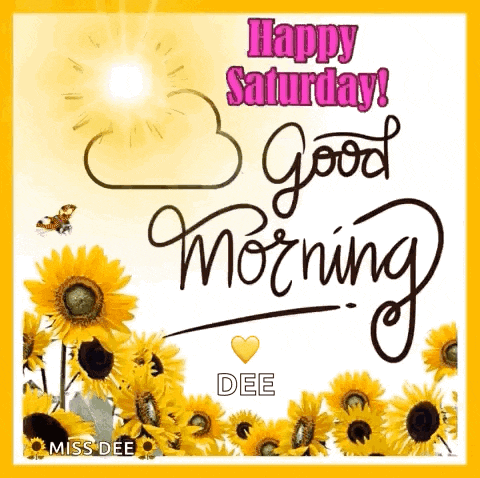 a happy saturday greeting card with sunflowers and the sun