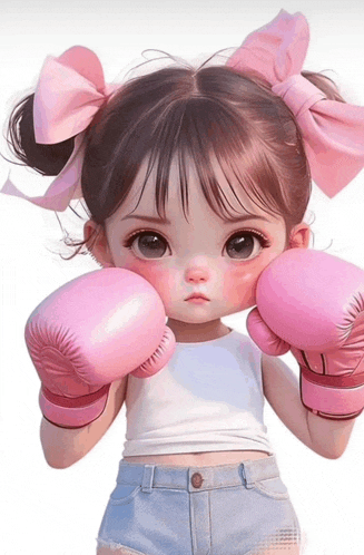 a little girl wearing pink boxing gloves with a pink bow in her hair