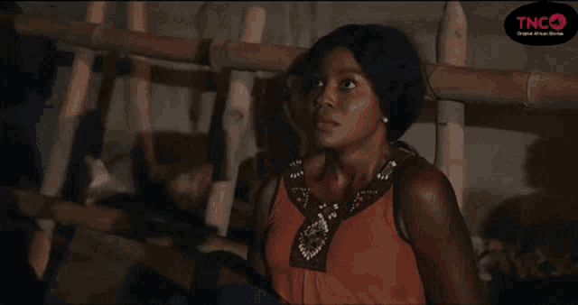 a woman is sitting in front of a fence with a tnc logo on the bottom