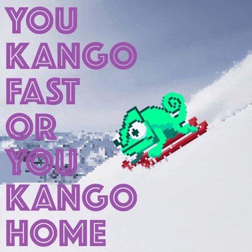 a chameleon riding a sled down a snowy hill with the words " you kango fast or you kango home " below it