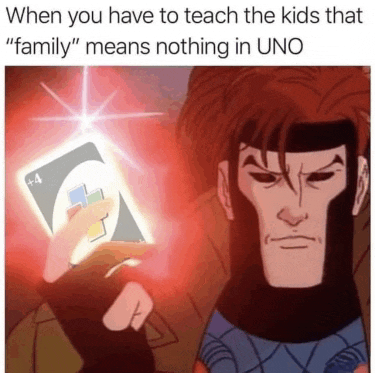 a cartoon character holding a card that says family means nothing in uno