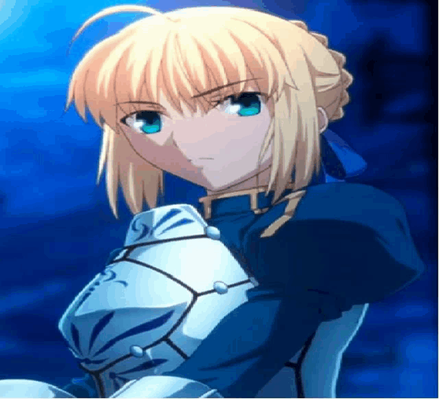 a blonde anime character with blue eyes and a sword